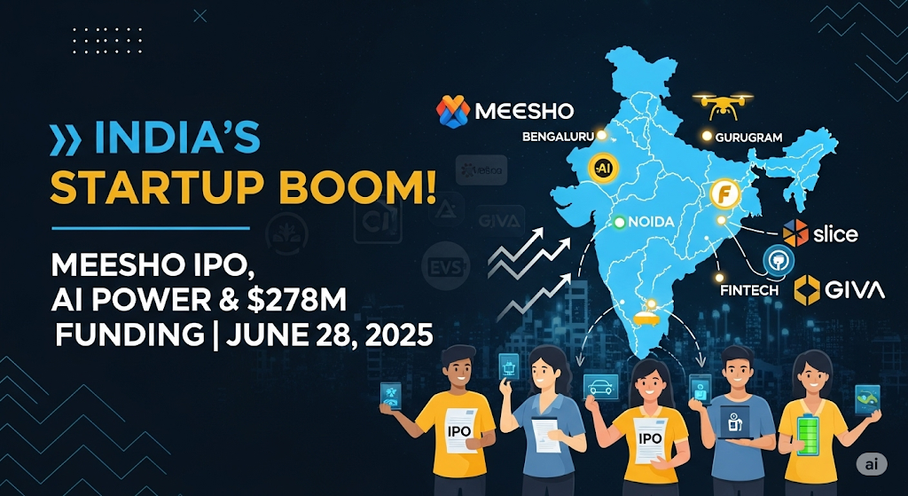 "Vibrant digital graphic showing a glowing map of India highlighting startup hubs Bengaluru, Noida, and Gurugram with icons for AI, drones, fintech, and electric vehicles. Foreground features stylized silhouettes of startup founders holding IPO documents and digital devices. Bold text reads ‘India’s Startup Boom! Meesho IPO, AI Power & $278M Funding | June 28, 2025’ in electric blue, neon green, and bright orange colors. Upward arrows and company logos like Meesho, Slice, and GIVA appear subtly in the background, symbolizing growth and innovation."