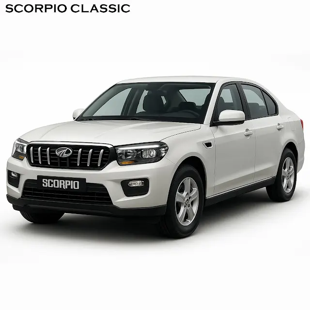 AI render of a white Mahindra Scorpio Classic reimagined as a four-door sedan.